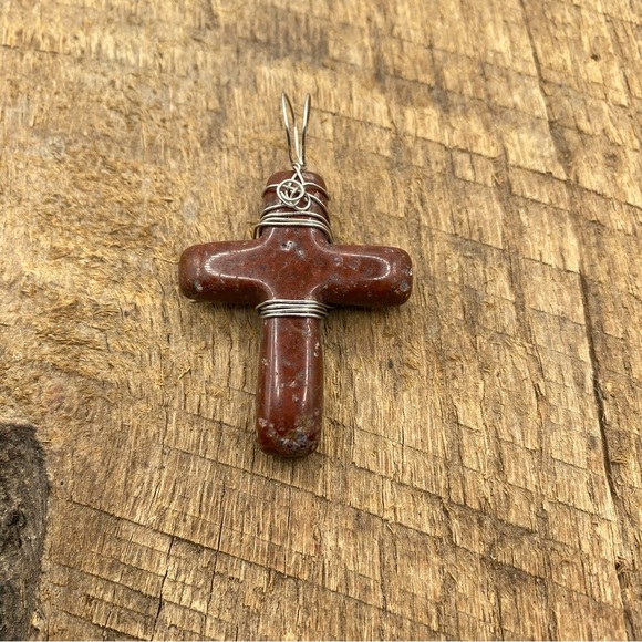 Red Raw Cut Jasper Cross Pendant - Picture 1 of 4